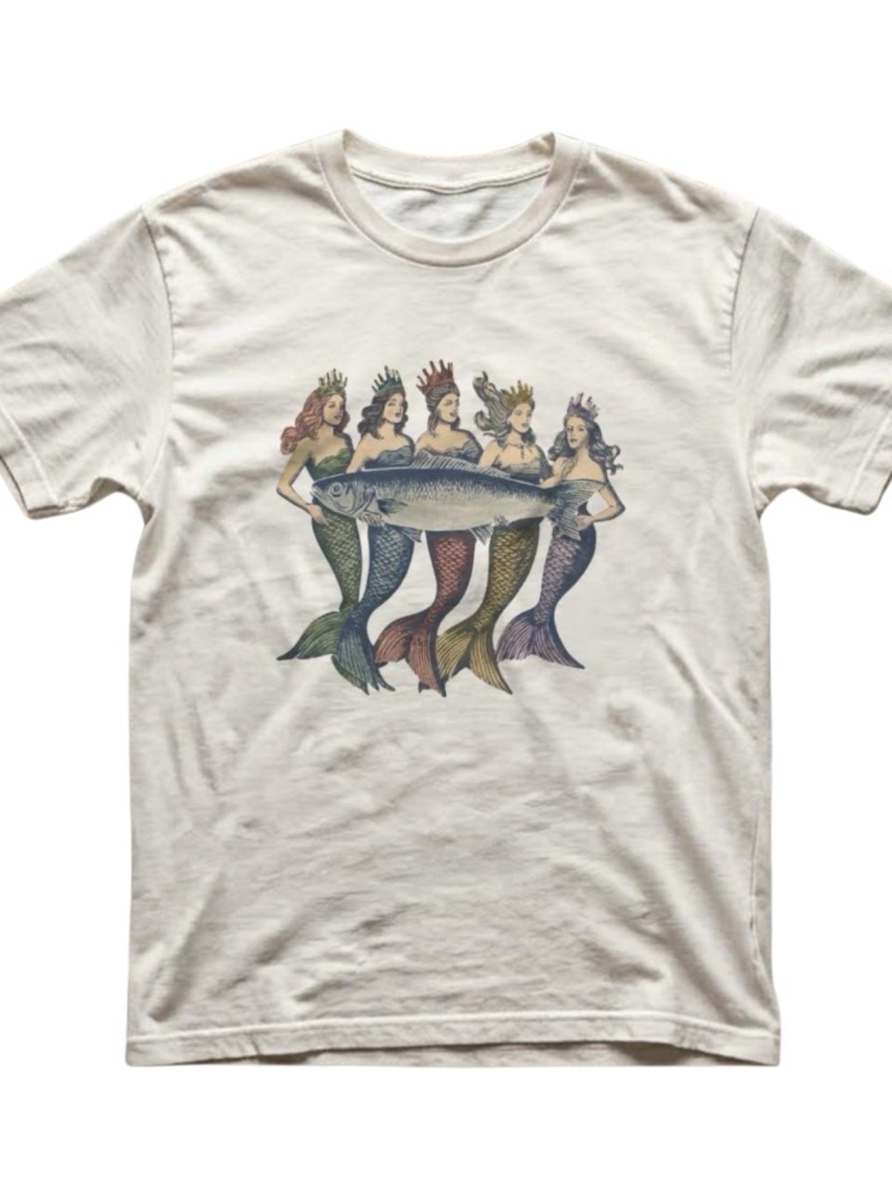 Gildan Cream Graphic Tee with Five Multicolor Mermaids and Fish